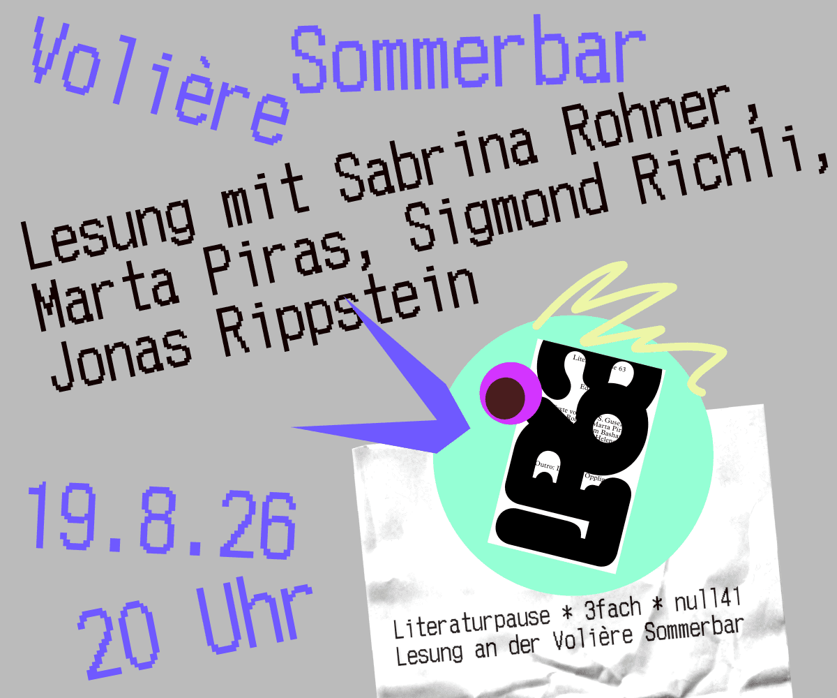 Banner: Literaturpause an der Volière 2026 (25.6. bis 19.8.)
