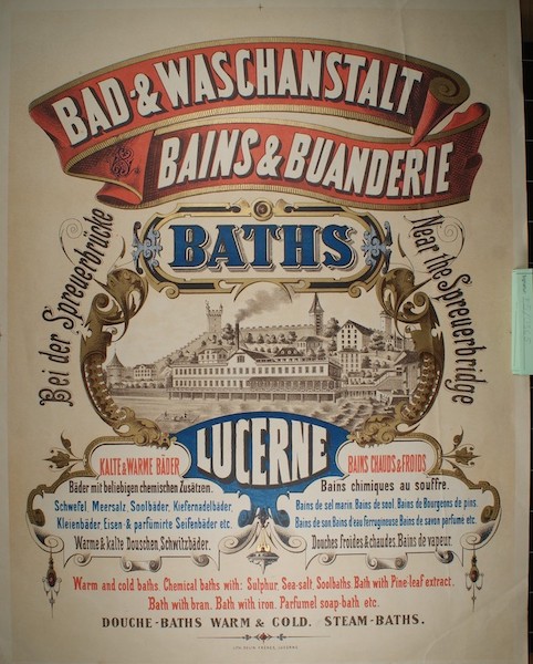 Werbung für die Bade- und Waschanstalt bei der Spreuerbrücke. Lithographie der Gebr. Eglin. SALU, F5/0365.